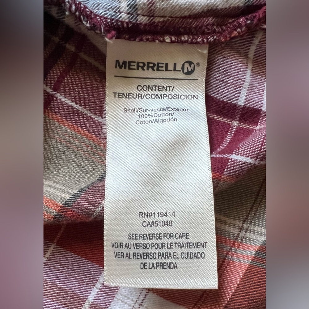 MERRELL Plaid Button Down 100% Cotton Women’s Large Burnt Orange Red Gray Pocket - Picture 10 of 11